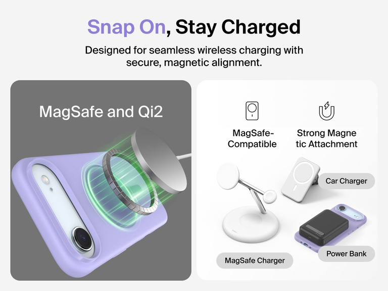 Belkin ScreenForce Protect Series Case for iPhone 17 with raised edges for screen and camera protection, designed for seamless magnetic wireless charging.