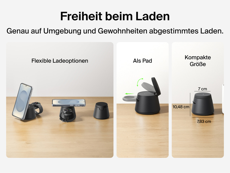 Die flexiblen Ladeoptionen der Belkin UltraCharge modularen Ladestation mit Qi2 25W, als St&auml;nder und Pad, werden veranschaulicht. Auch das kompakte, platzsparende Design, das praktisch zum t&auml;glichen Einsatz ist, wird gezeigt.
