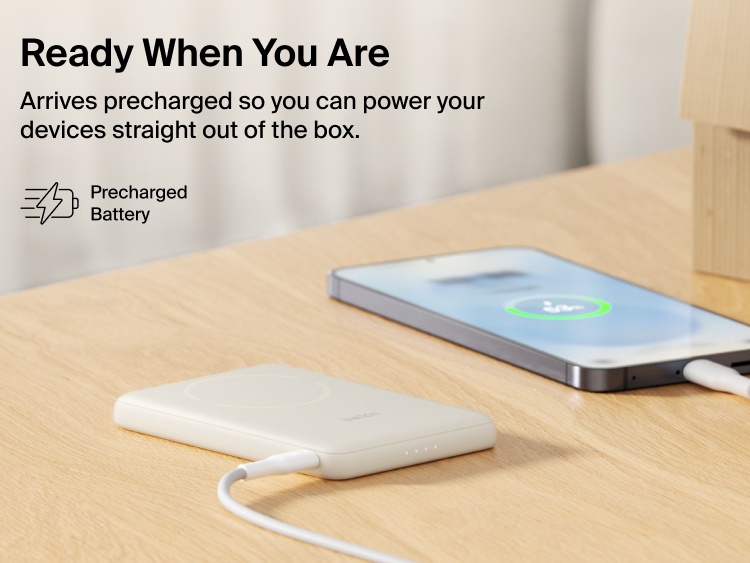 Belkin BoostCharge Slim Magnetic Power Bank 5K with Qi2 shown precharged and ready to deliver fast, portable wired or magnetic wireless charging straight out of the box.