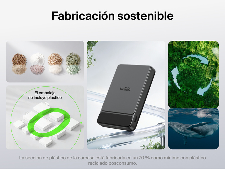 Belkin UltraCharge Slim Magnetic Power Bank 10K highlighting sustainable design made with recycled plastic and plastic-free packaging for eco-friendly portable charging