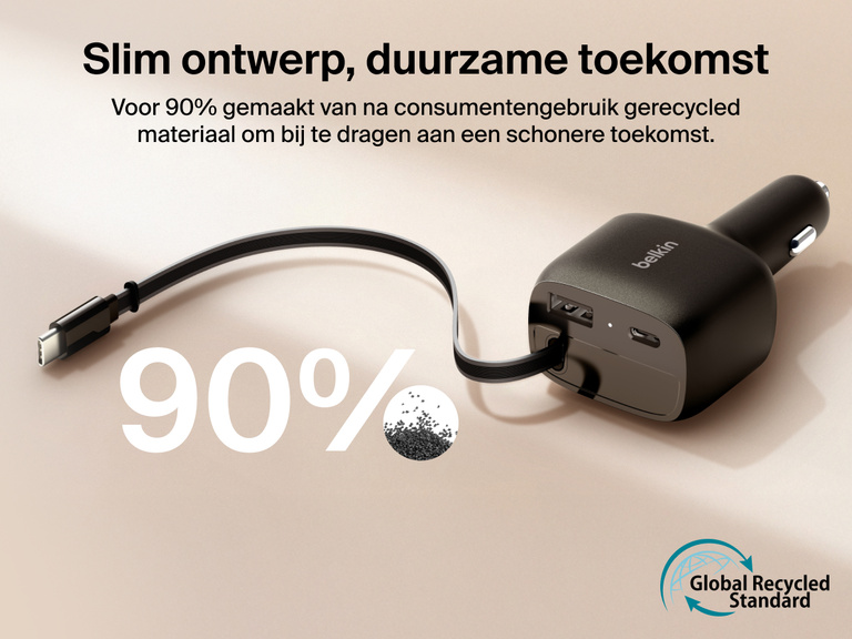 Afbeelding van de Belkin BoostCharge 75W-autolader met uittrekbare USB-C-kabel die voor 90% gemaakt is van na consumentengebruik gerecyclede materialen en Global Recycled Standard-gecertificeerd is.