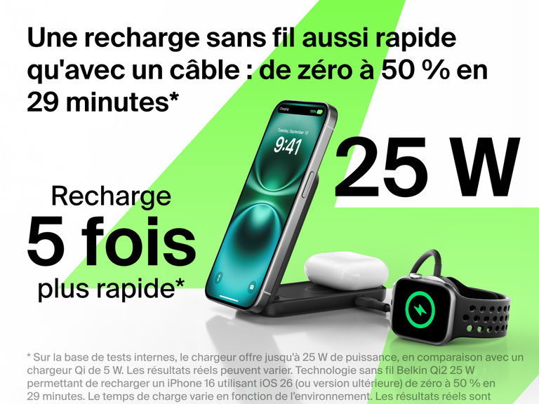 Socle de recharge 2-en-1 aimanté et pliable Belkin UltraCharge avec Qi2 25 W rechargeant un iPhone, des AirPods et une Apple Watch jusqu'à 50 % en 29 minutes, des performances sans fil 5 fois plus rapides.