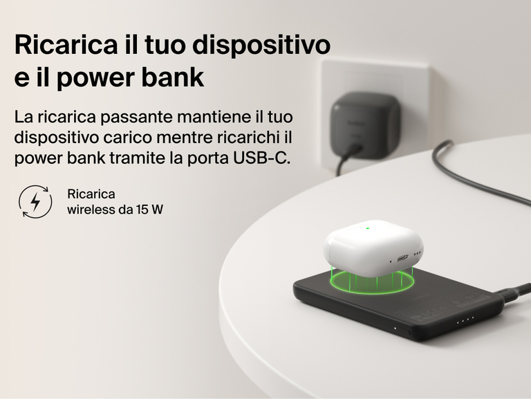 Belkin BoostCharge Slim Magnetic Power Bank 5K with Qi2 demonstrating pass-through charging, wirelessly powering a device while the power bank recharges via USB-C.