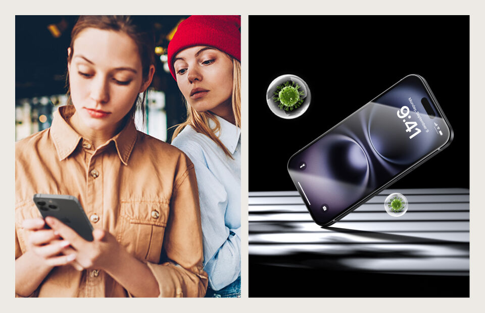 사생활 보호 및 항균 강화유리의 장점을 보여주는 분할 이미지입니다. 왼쪽: 휴대전화를 사용하는 갈색 셔츠 차림 여성의 어깨 너머로 빨간색 비니를 쓴 다른 여성이 엿보는 모습. 화면 속 사생활을 보호하고 있음을 보여줍니다. 오른쪽: 스마트폰 주변에 녹색 미생물이 떠다니는 모습으로 항균 보호 기능을 강조합니다.