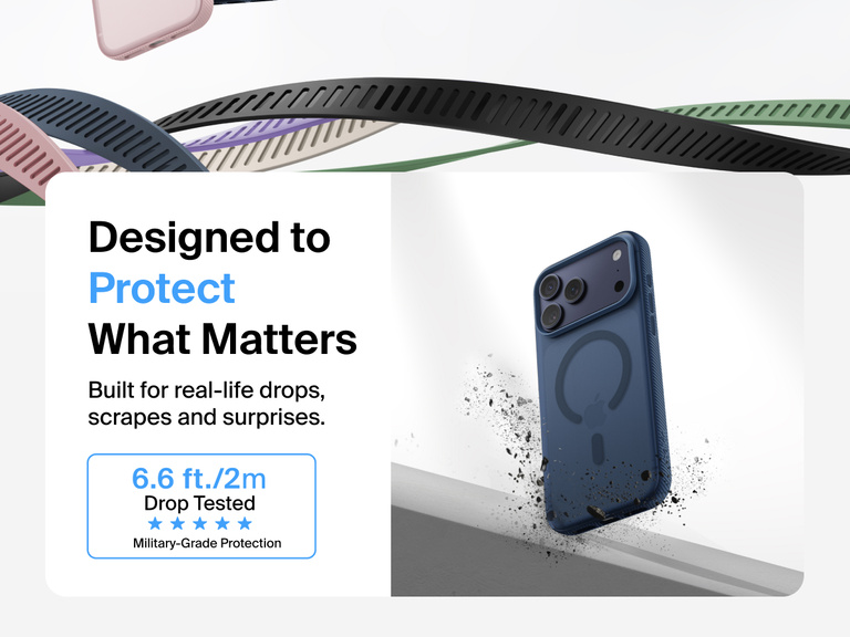 Belkin SheerForce Grip Series Case for iPhone 17 shown with textured grip and impact protection against drops.