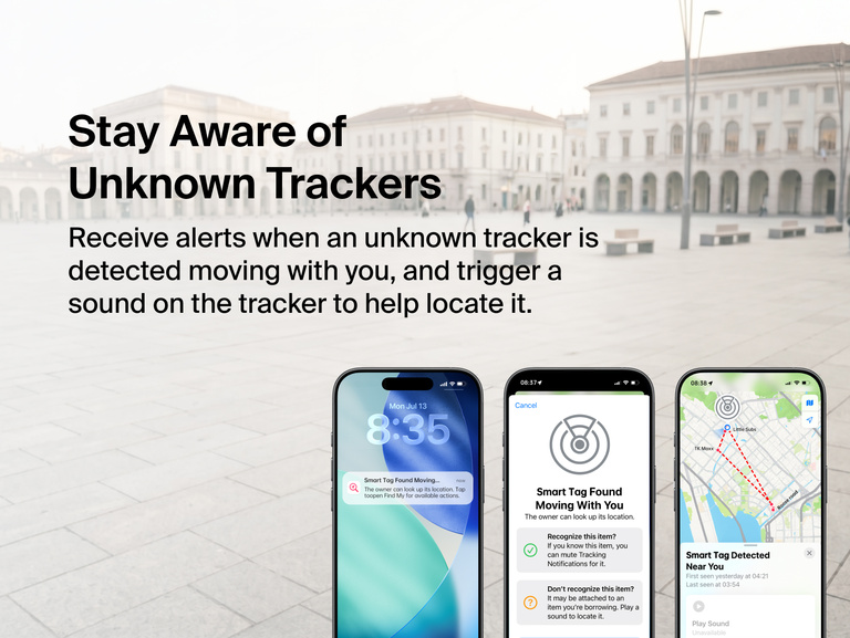Smartphone screens demonstrate unknown tracker alerts that help detect and locate an unfamiliar tracking device moving with you.