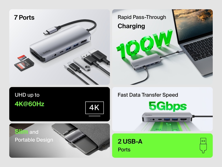 影像顯示 Belkin Connect USB-C 7 合 1 多埠集線器，突顯產品各項特點，例如 7 個連接埠、100W 直通充電、4K@60Hz 視訊輸出、5 Gbps 資料傳輸速度、2 個 USB-A 連接埠以及纖巧便攜的設計。