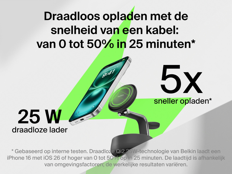 Het Belkin UltraCharge Pro 3-in-1 magnetische laadstation met Qi2 25W biedt draadloos opladen met de snelheid van een kabel en laadt een iPhone tot 50% op in 25 minuten.