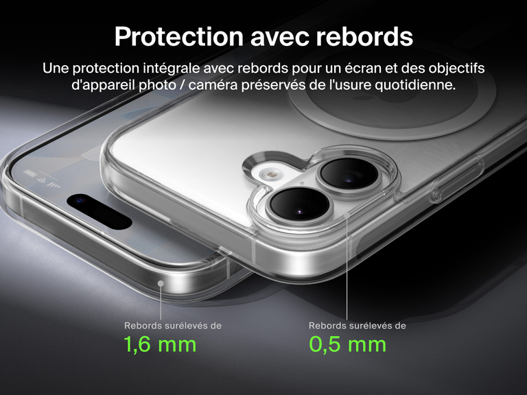 Belkin SheerForce Clear Series Case for iPhone 17 with elevated edge protection featuring 1.6mm front raised edge and 0.5mm camera raised edge for 360-degree coverage.