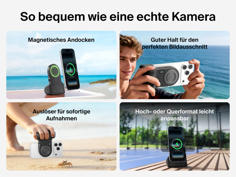 Belkin Stage PowerGrip shown in various scenes demonstrating magnetic snap-on attachment, stable camera-like grip, one-touch shutter, and easy portrait or landscape phone positioning.