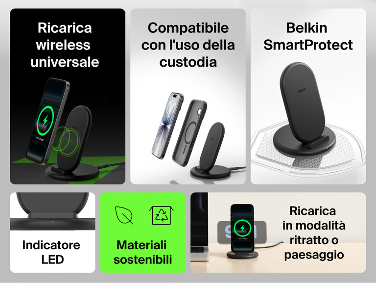Belkin BoostCharge Wireless Charging Stand 15W shown with key features including universal wireless charging, case compatibility, SmartProtect technology, LED indicator, sustainable materials, and 15W fast charging.