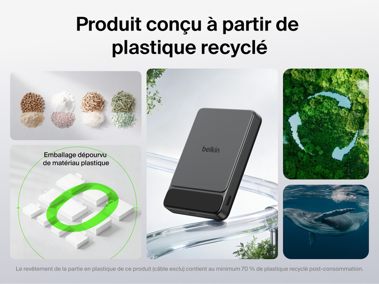 Belkin UltraCharge Slim Magnetic Power Bank 10K highlighting sustainable design made with recycled plastic and plastic-free packaging for eco-friendly portable charging
