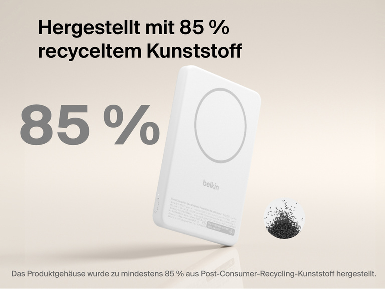 Belkin BoostCharge Slim Magnetic Power Bank 5K with Qi2 shown made with at least 85 percent post-consumer recycled plastic for a more sustainable portable charging solution.