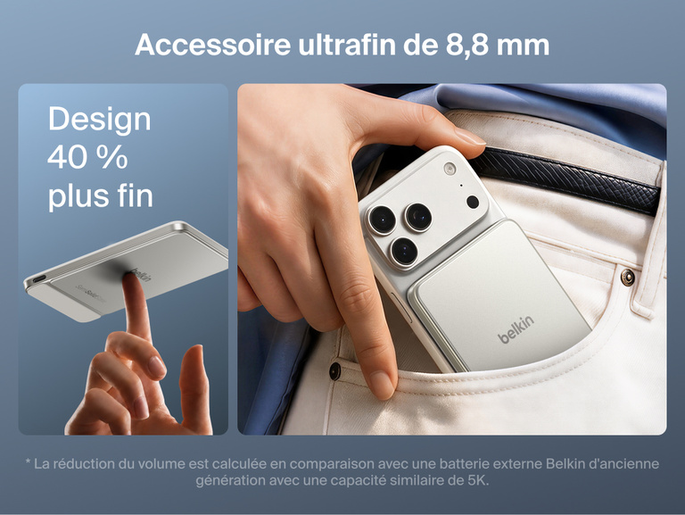 Image de la batterie externe magn&eacute;tique Belkin&nbsp;UltraCharge&nbsp;Pro&nbsp;Slim&nbsp;5K avec BoostSolid&nbsp;Cell en &eacute;quilibre sur un doigt et aimant&eacute;e &agrave; un smartphone dans une poche, soulignant sa finesse exceptionnelle de 7,6&nbsp;mm.