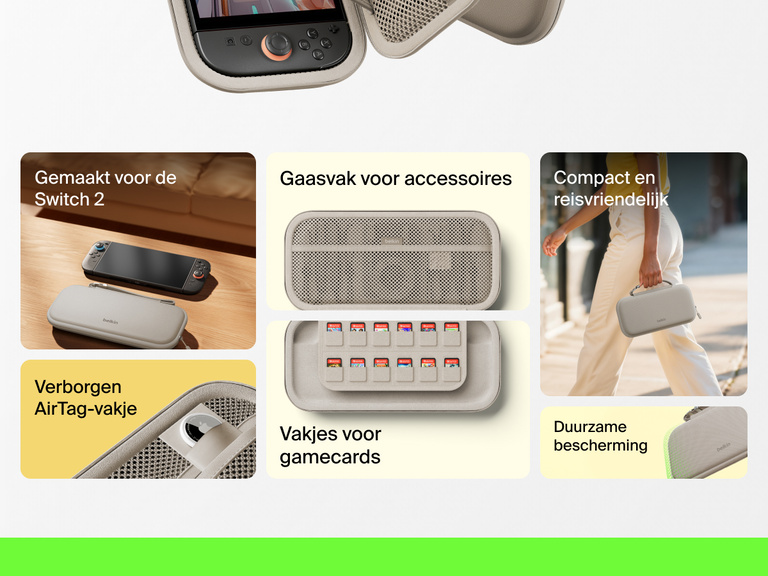 Infographic highlighting the Belkin Gaming Travel Case for Nintendo Switch 2 with features like a mesh utility pocket, game card sleeve, hidden AirTag pocket, and compact, durable design.