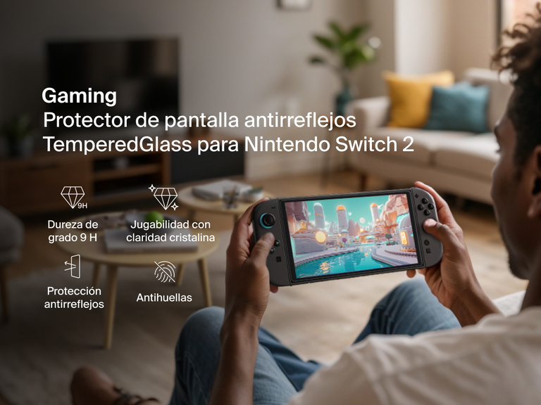 Un persona está sentada en un sofá en un salón acogedor y jugando a la Nintendo Switch 2. En su pantalla se puede ver la escena de un juego con unos gráficos de colores vibrantes y claros.  El texto a la izquierda promociona el protector de pantalla de vidrio templado antirreflejo Belkin Gaming  para el dispositivo, subrayando funciones como el grado 9 H de dureza, una claridad visual excelente que facilita una experiencia de juego fluida y uniforme, la capa antirreflejo y su resistencia antihuellas.