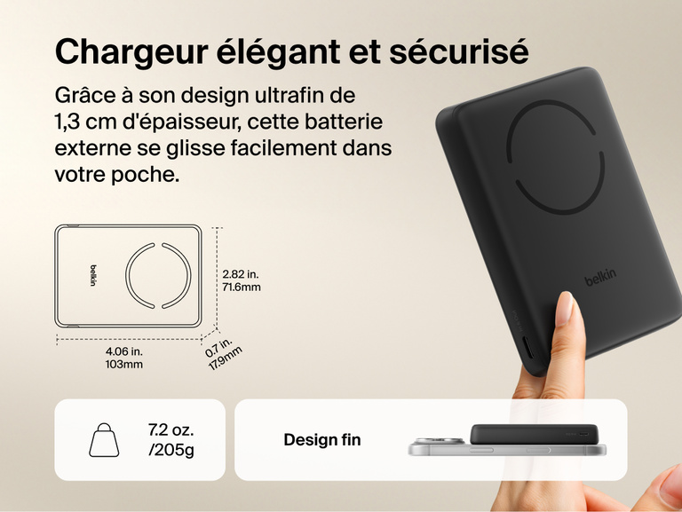 Slim Magnetic Power Bank 10K with Qi2 shown in hand and next to smartphone highlighting slim size and portability dimensions