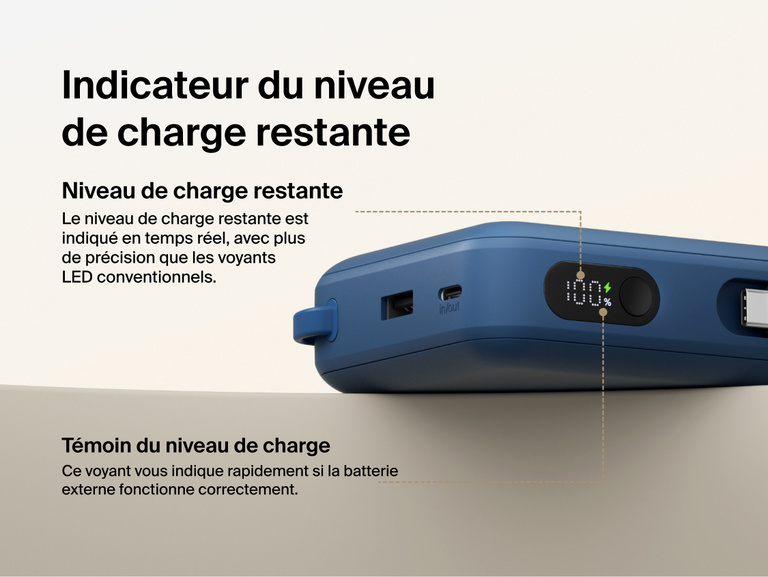 Belkin UltraCharge 20K 45W power bank with digital display showing real-time battery percentage and charging status for accurate power monitoring