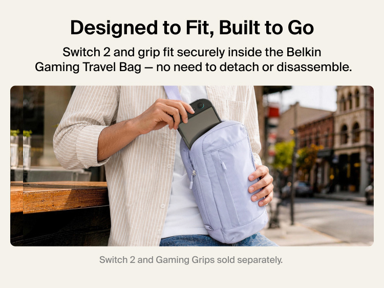 Belkin Gaming Travel Bag for Nintendo Switch 2 securely fits the console and compatible gaming grips without requiring disassembly.
