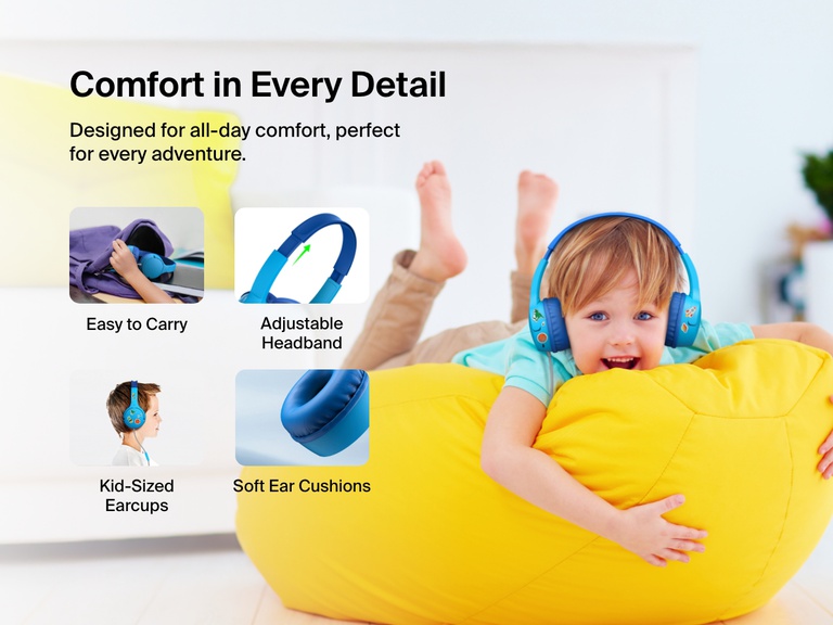 Smiling child wearing Belkin Wired On-Ear Headphones for Kids while lounging on a yellow beanbag, with callouts for soft ear cushions, adjustable headband, kid-sized earcups, and easy portability.