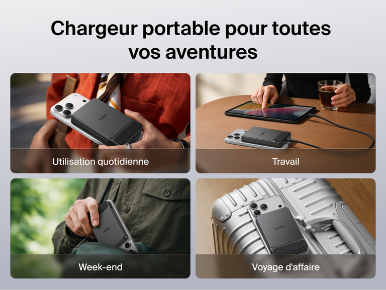 Belkin UltraCharge Slim Magnetic Power Bank 10K featuring fast USB-C charging with up to 30W input and output for efficient wired and wireless power delivery