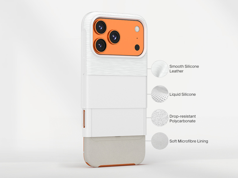 Belkin SheerForce Grip Series Case for iPhone 17 with MagSafe ring, raised edges, and floating tinted buttons for precision protection.