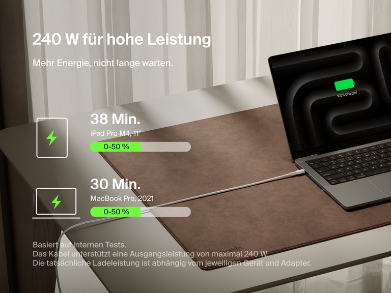 Belkin BoostCharge Pro USB-C to USB-C Braided Cable 240W shown charging a laptop with overlay text highlighting fast charging speeds for iPad Pro and MacBook Pro.
