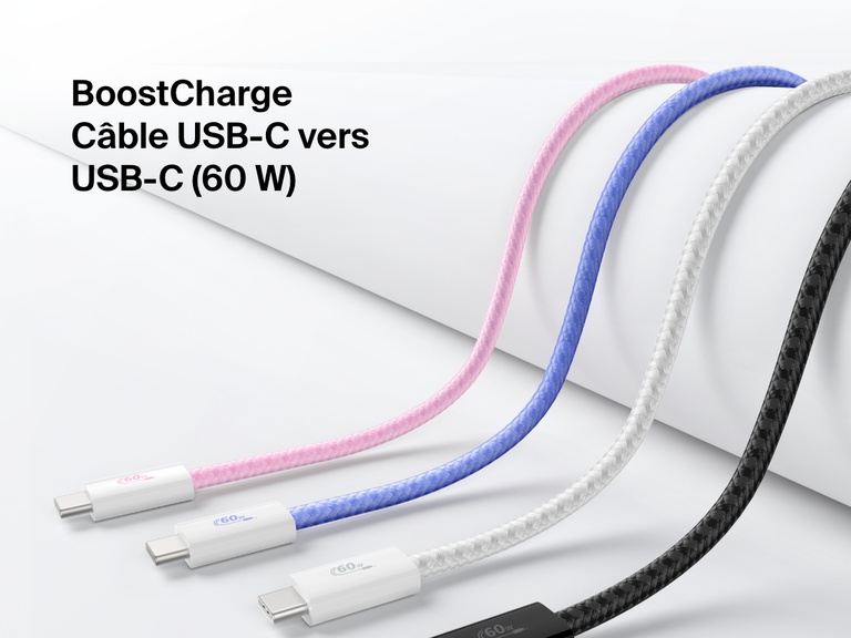 Image présentant les quatre couleurs disponibles (rose, bleu, blanc, noir) du câble USB-C vers USB-C Belkin BoostCharge (60 W), un câble de recharge rapide avec gaine tressée pour dispositifs compatibles USB-C.