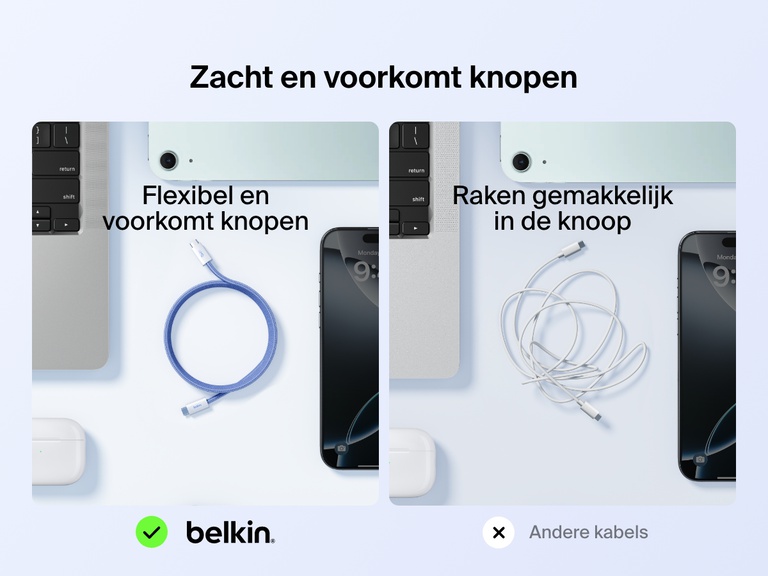 Vergelijkende afbeelding met aan de ene kant de flexibele Belkin BoostCharge 60 W USB-C-naar-USB-C-kabel die knoopvrij blijft en aan de andere kant standaardkabels die gemakkelijk in de knoop raken.