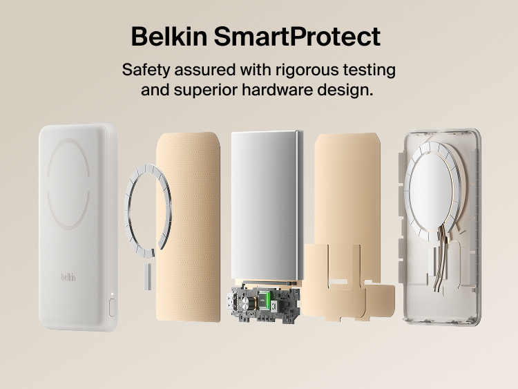 Belkin BoostCharge Slim Magnetic Power Bank 5K with Qi2 shown with Belkin SmartProtect internal components designed for safe, reliable charging performance.