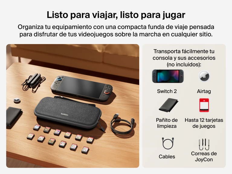 Se muestra la funda de viaje de Belkin Gaming para Nintendo Switch 2 en una mesa junto a otros accesorios compatibles, como tarejtas de juegos, cables, pulseras de JoyCon, un AirTag y un pañito de limpieza (todos se venden por separado).