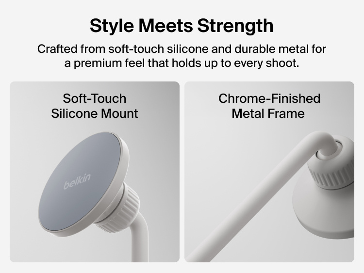 Image showing Belkin Stage Creator Kit crafted with a soft-touch silicone mount and chrome-finished metal frame, combining premium durability with a sleek, modern design.