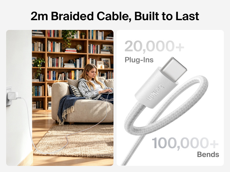 Belkin 2m braided USB-C cable shown charging a laptop with durability tested for more than 20,000 plug-ins and 100,000 bends.