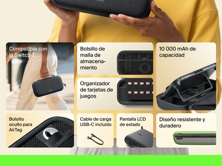 Infographic showcasing the Belkin Gaming Charging Case for Nintendo Switch 2 with features like 10,000 mAh power capacity, game card storage sleeve, USB-C cable, LCD battery indicator, mesh pocket, hidden AirTag pocket, and a durable, protective design.