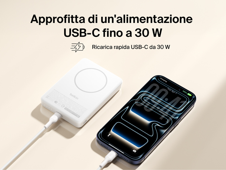 Slim Magnetic Power Bank 10K with Qi2 connected via USB-C cable delivering fast charging to smartphone