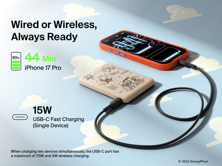 Belkin BoostCharge Slim Magnetic Power Bank 5K shown charging a smartphone via USB-C, highlighting 15W fast charging and dual wired or magnetic wireless power capability.