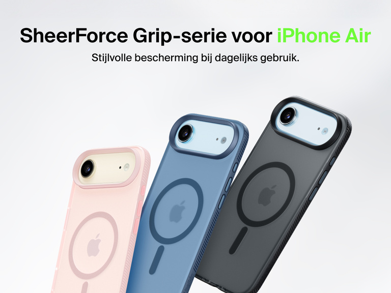Belkin SheerForce Grip Series protective case for iPhone 17 shown in pink, clear, and black with slim design and MagSafe compatibility.