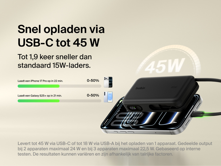 Belkin UltraCharge 10K power bank with integrated USB-C cable and digital display delivering up to 45W fast charging for smartphones and portable devices