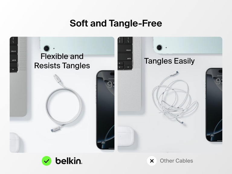 케이블 제품을 나란히 놓고 비교한 모습으로, Belkin BoostCharge Lightning 커넥터 USB-C 케이블이 쉽게 꼬이는 표준 케이블보다 성능이 뛰어나고 유연하며 꼬임을 방지하도록 설계되었다는 것을 확인할 수 있습니다.