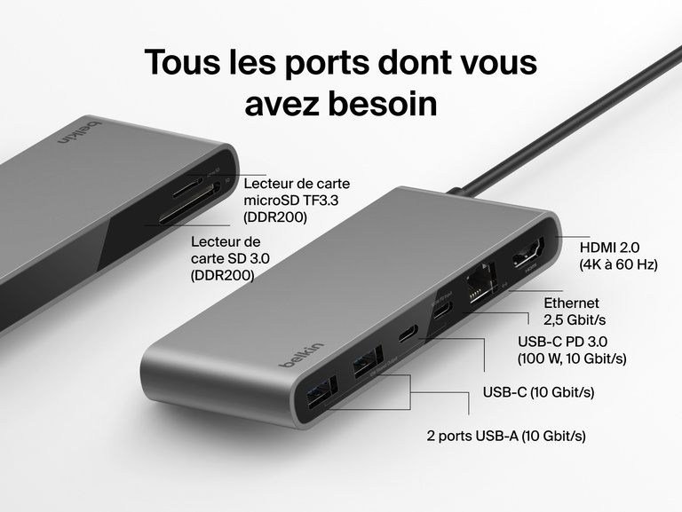 Hub USB-C Belkin Connect avec 8&nbsp;ports dont un port Ethernet 2,5&nbsp;Gbit/s pr&eacute;sent&eacute; sur une image avec tous ses ports visibles et notamment le port HDMI&nbsp;2.0 4K &agrave; 60&nbsp;Hz, le port USB-C&nbsp;PD (100&nbsp;W, 10&nbsp;Gbit/s), les 2&nbsp;ports USB-A (10&nbsp;Gbit/s), les lecteurs de cartes SD et microSD et le port Ethernet.