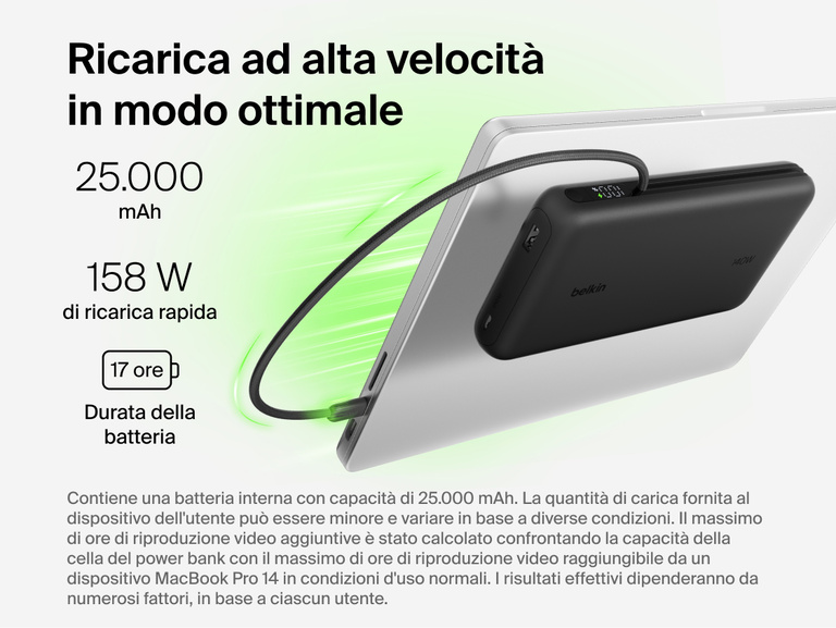 Belkin UltraCharge Pro Laptop Power Bank 25K delivering up to 158W fast charging with integrated USB-C cable connected to a laptop, 25,000 mAh capacity and digital display
