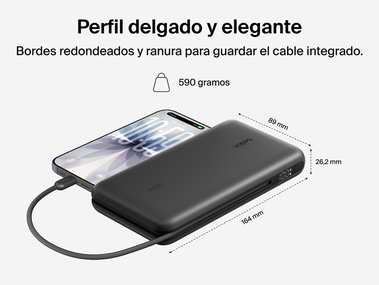Belkin UltraCharge Pro Laptop Power Bank 25K with slim, rounded design and integrated cable, compact 25,000 mAh portable charger with digital display