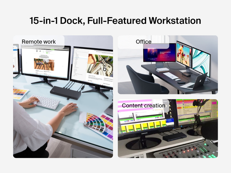Image showcasing the Belkin Connect Universal USB-C Triple Display Dock in use across three setups—remote work, office, and content creation—each featuring multiple monitors connected through the 15-in-1 docking station.