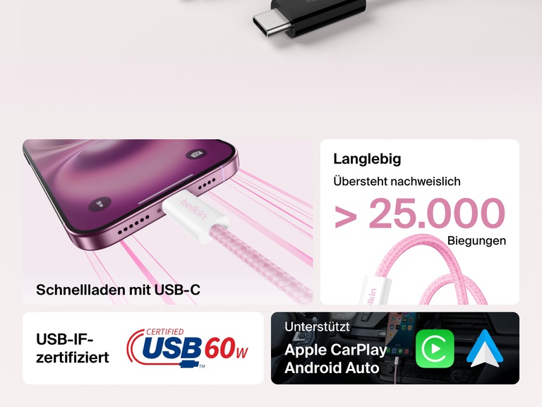 Infografik, in der das Belkin BoostCharge USB A auf USB C Kabel (60 W) gezeigt wird, das mehr als 25.000 Biegungen standhält, über eine USB-IF-Zertifizierung verfügt und sich zum Schnellladen sowie für Apple CarPlay und Android Auto eignet.