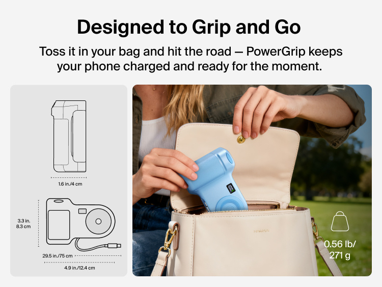 Person placing the Belkin Stage PowerGrip portable magnetic wireless charger into a handbag, shown with product dimensions and lightweight design for easy travel.