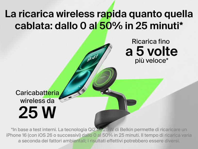 Il dock di ricarica magnetica 3 in 1 con Qi2 da 25 W Belkin UltraCharge Pro offre una ricarica wireless veloce quanto quella cablata, ricaricando un iPhone dallo 0 al 50% in 25 minuti.