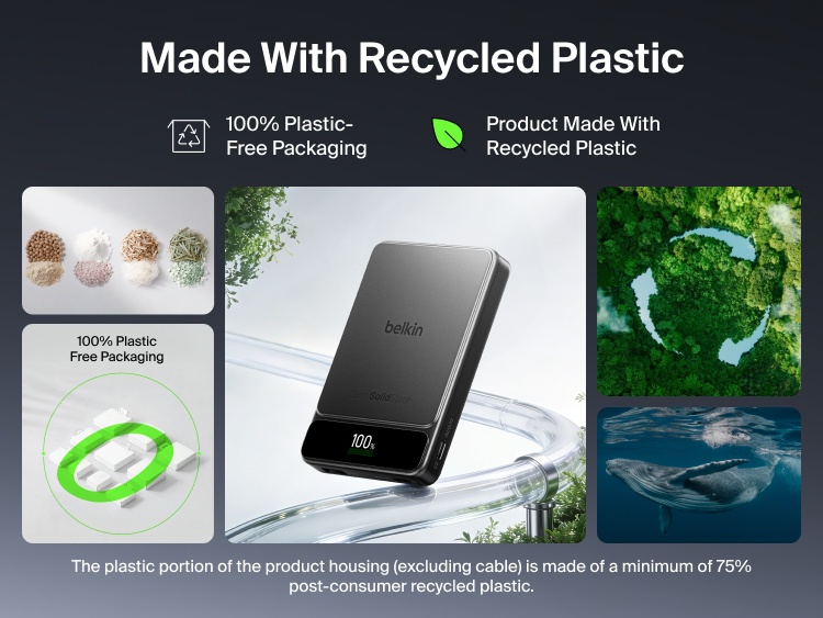 Belkin UltraCharge Pro Power Bank 10K with BoostSolid Cell highlighting a housing made with recycled plastic and 100% plastic-free packaging.