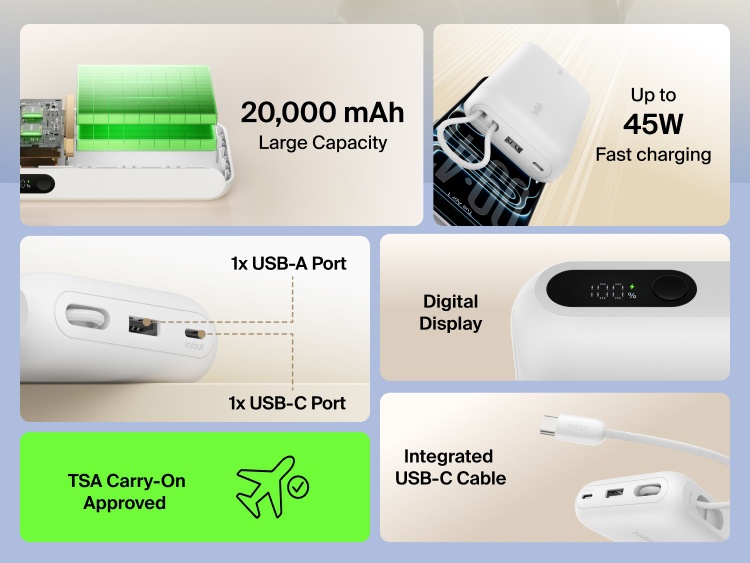 Belkin UltraCharge 20K 45W power bank with integrated USB-C cable, digital display, dual ports, and high-capacity battery for fast, travel-ready charging
