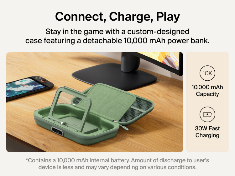 Belkin Gaming Charging Case Pro for Nintendo Switch 2 shown with detachable 10,000 mAh power bank, flip-up stand, and 30W fast charging for extended connected gameplay.