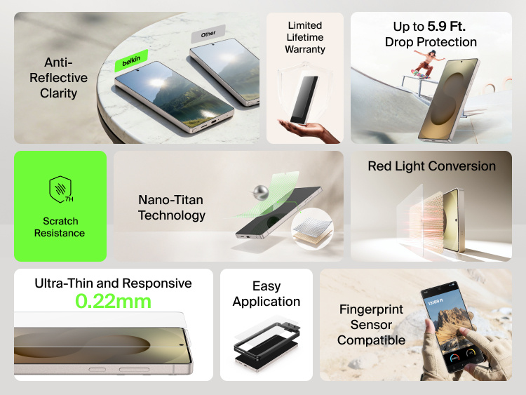 Feature overview of Belkin ScreenForce Titan EcoGuard Red Light Screen Protector for Samsung Galaxy S26, highlighting scratch resistance, drop protection, nano-titan technology, fingerprint sensor compatibility, easy application, and ultra-thin responsive design.